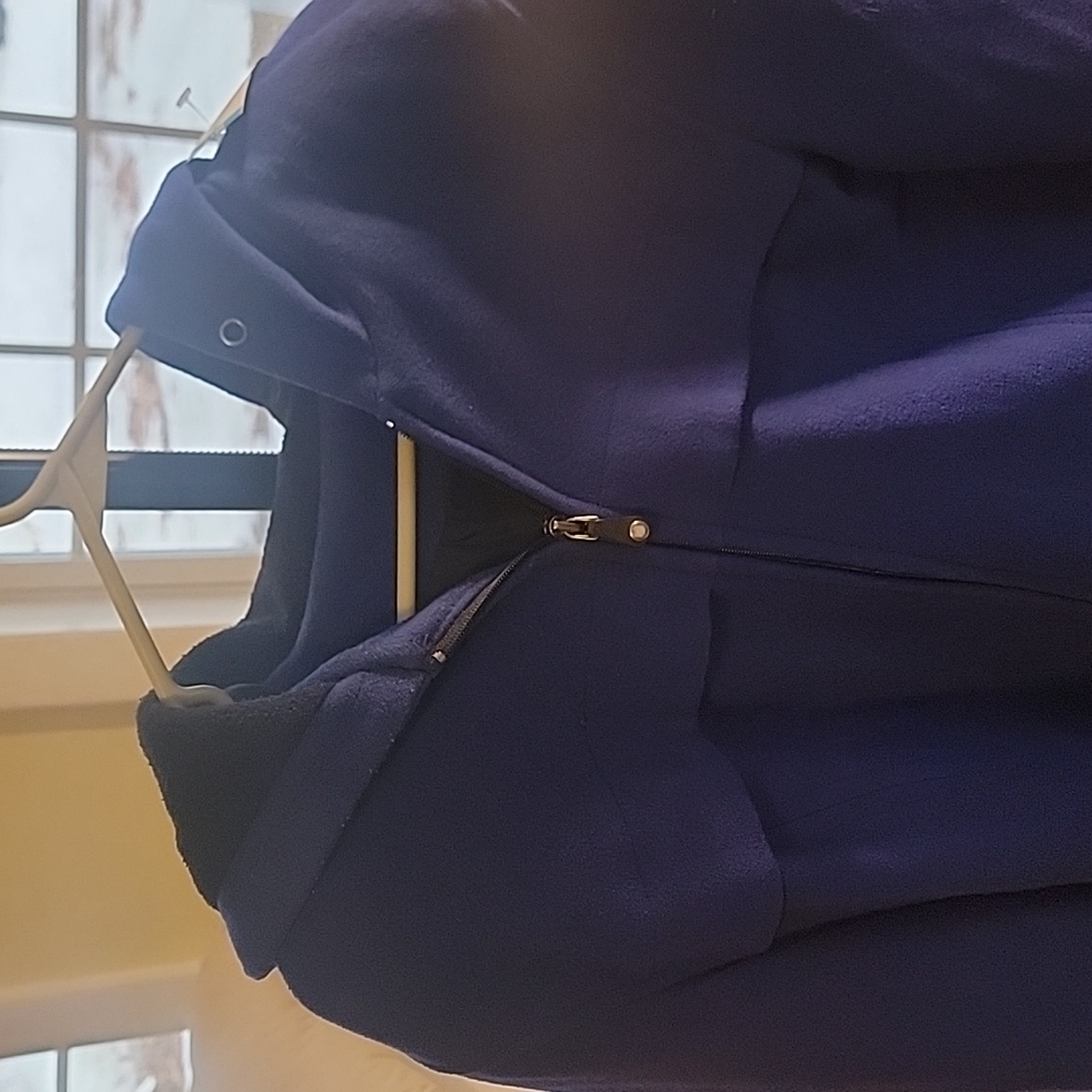 Royal blue warm women's wool coat with hood.